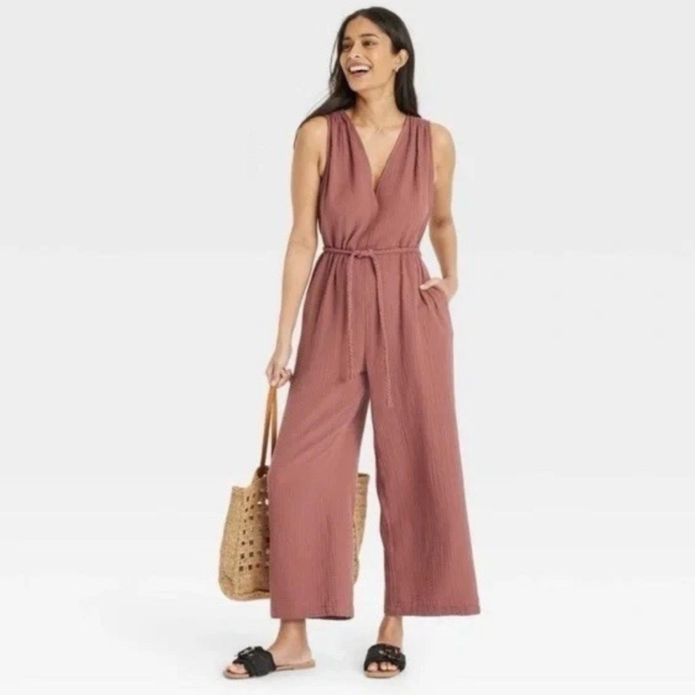 Universal Thread Rose V- Neck Wide Leg Jumpsuit with Braided Belt